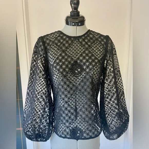 Love Bonito Studio NWT lace long sleeved top, tie back, black, semi sheer, XS - Picture 2 of 9